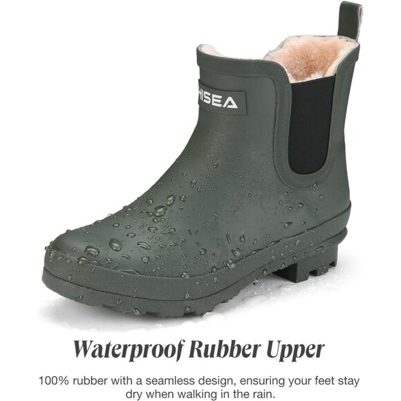 ⚡Women's Green Pull On Plush Rain Ankle Snow Boots Waterproof Chelsea Rubber - Picture 4 of 7